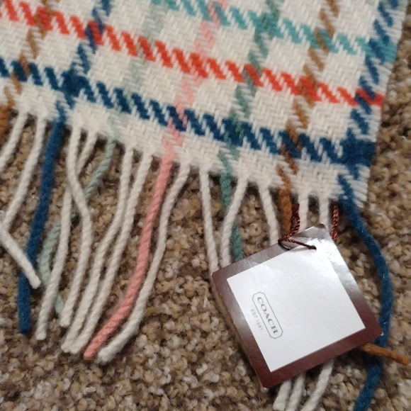 Coach NWT New scarf plaid 80% wool 80% cashmere multicolor winter tattrsl long - Picture 5 of 10